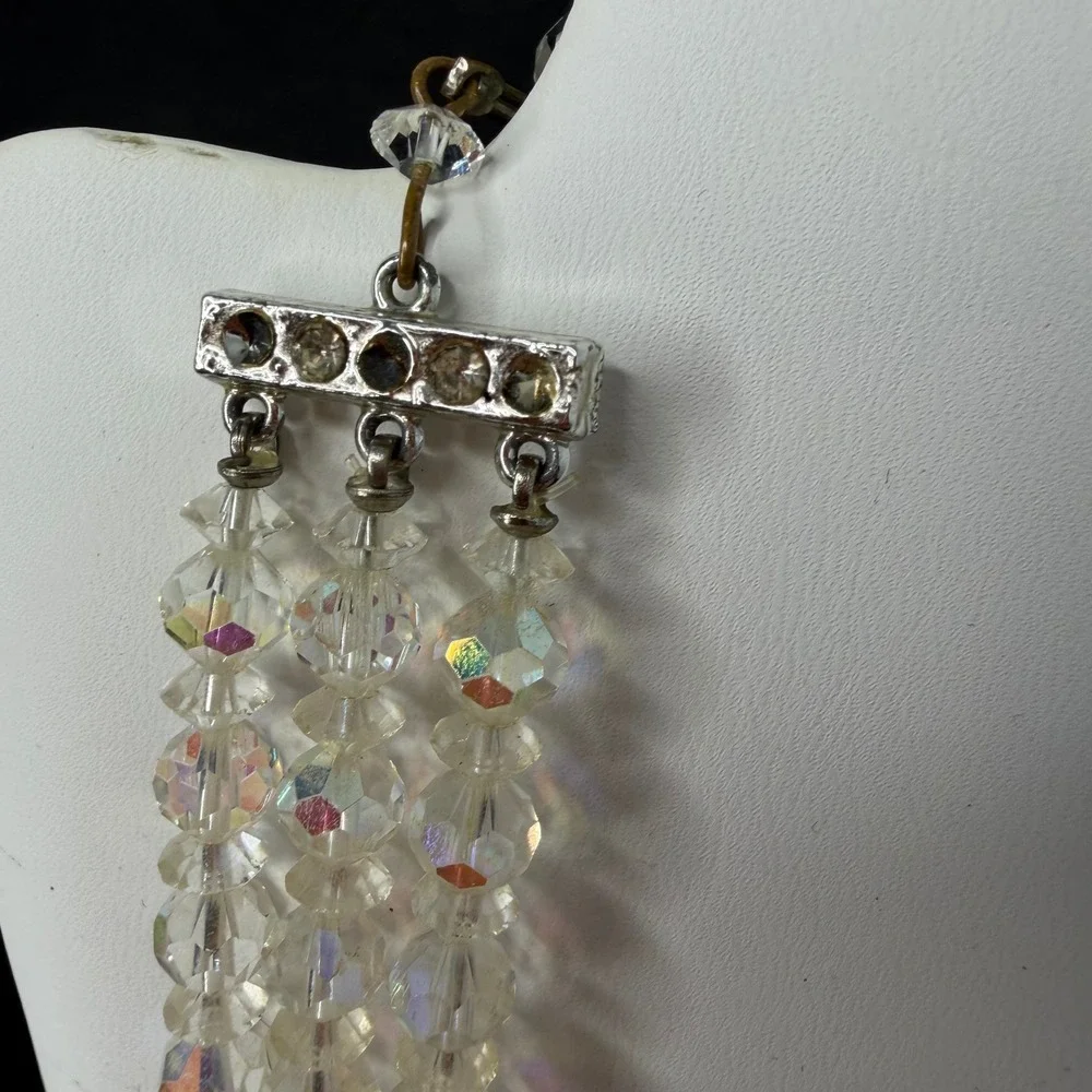 Vintage Aurora Borealis Clear Glass Bead Necklace Silver Tone Rhinestone Accents